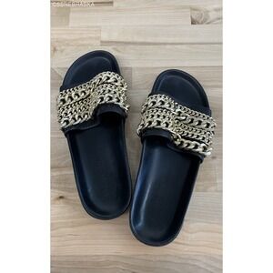 Gently Used Kendall and Kylie Black/Gold Leather Shiloh Slides - Size‎ 9M